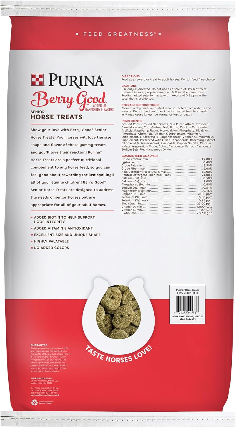 Purina | Berry Good - Raspberry Flavored Senior Horse Treats | Added Biotin for Hoof Health - 15 Pound (15 lb.) Bag