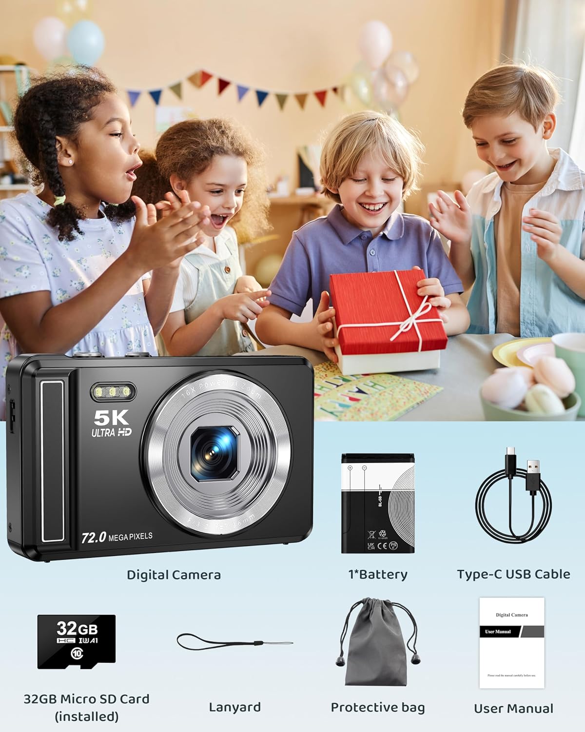 5K Digital Camera - 72MP UHD Digital Cameras for Photography - Autofocus Point and Shoot Small Camera with Flash for Kids - 2.8 Inch Screen Compact Portable Vlogging Camara with 16X Zoom, 32GB SD Card 5K 72MP UHD Black