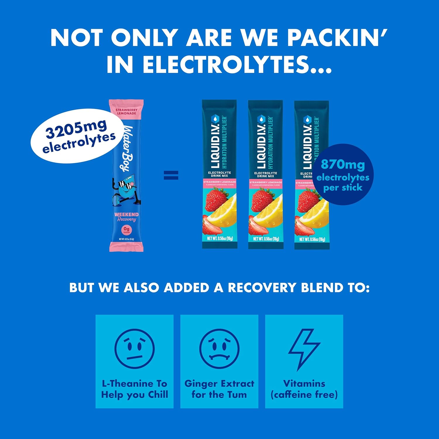 Waterboy Weekend Recovery Sample Pack | 3,200mg Electrolyte Powder Packets | Ginger + L-Theanine + Vitamins | No Sugar, All Natural, Gluten Free | 12 Drink Stick Mixes (Sample Pack) Variety Pack 12ct
