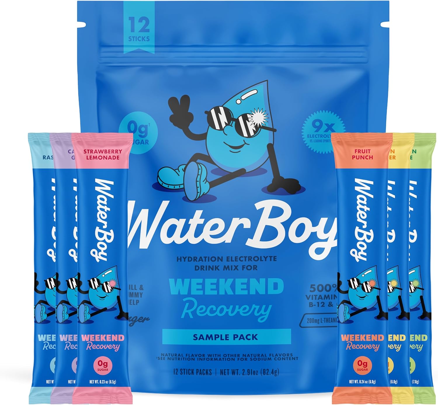 Waterboy Weekend Recovery Sample Pack | 3,200mg Electrolyte Powder Packets | Ginger + L-Theanine + Vitamins | No Sugar, All Natural, Gluten Free | 12 Drink Stick Mixes (Sample Pack) Variety Pack 12ct