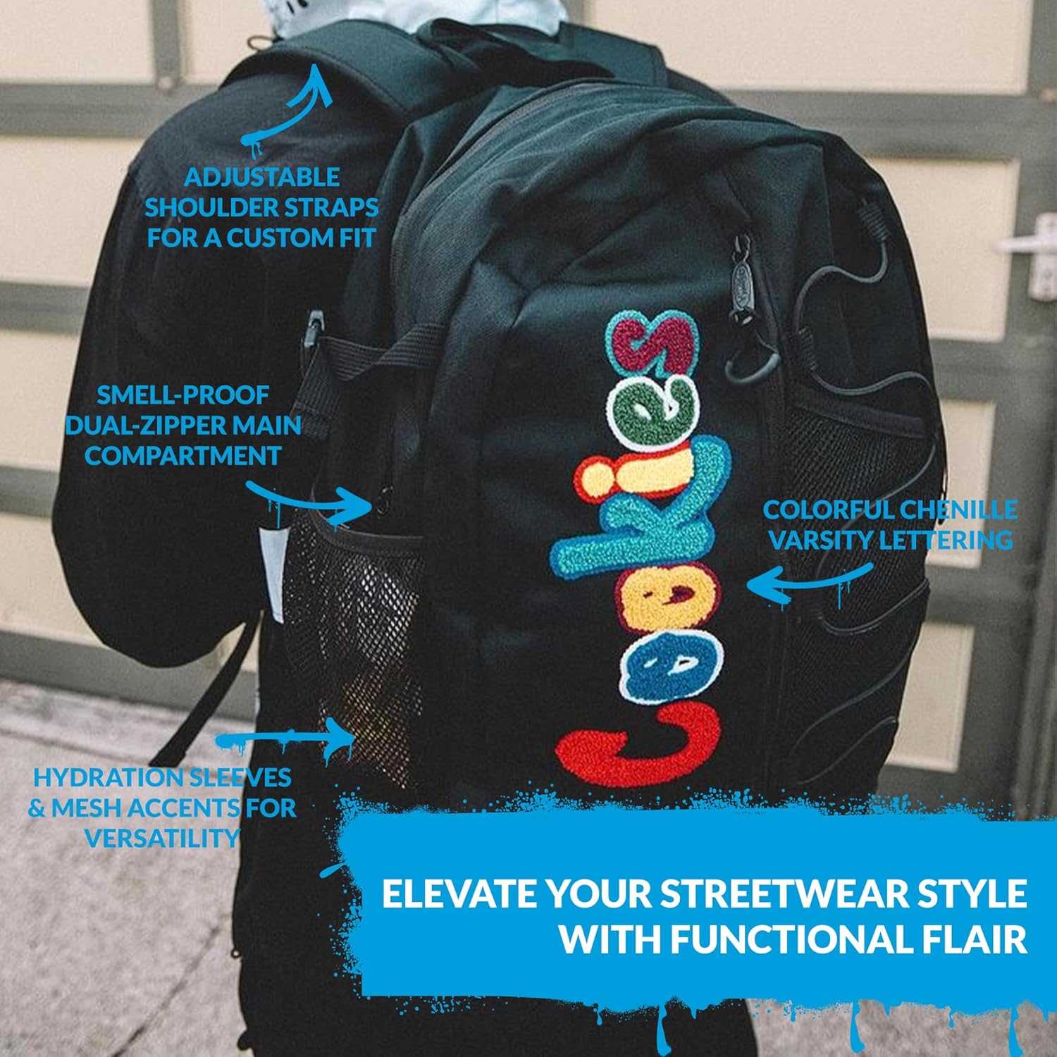 COOKIES Bungee Smell Proof Backpack – Large Odorless Travel Backpack for Men & Women, Carry-On, Work, Stylish & Spacious Bag 23.1L - Black