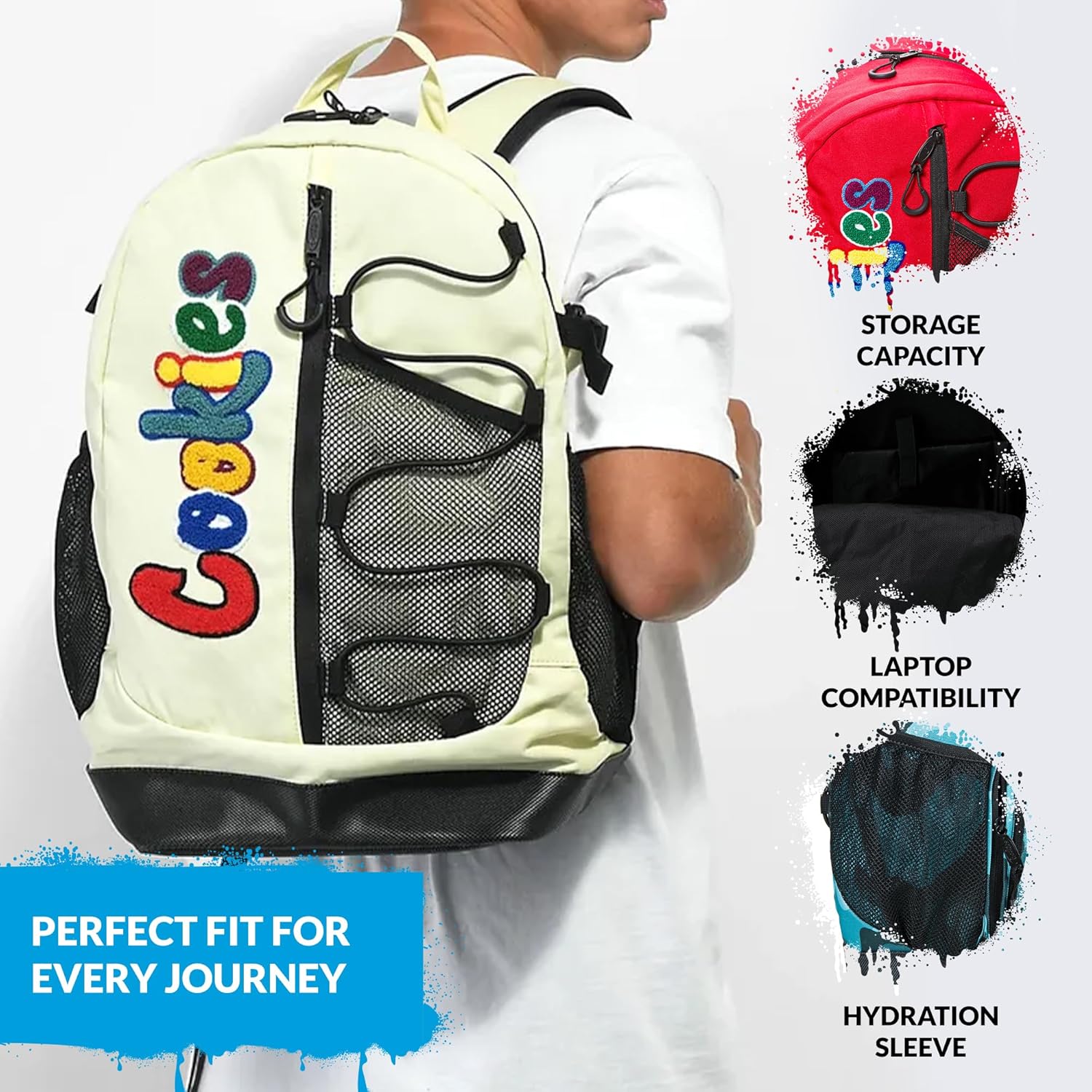COOKIES Bungee Smell Proof Backpack – Large Odorless Travel Backpack for Men & Women, Carry-On, Work, Stylish & Spacious Bag 23.1L - Black