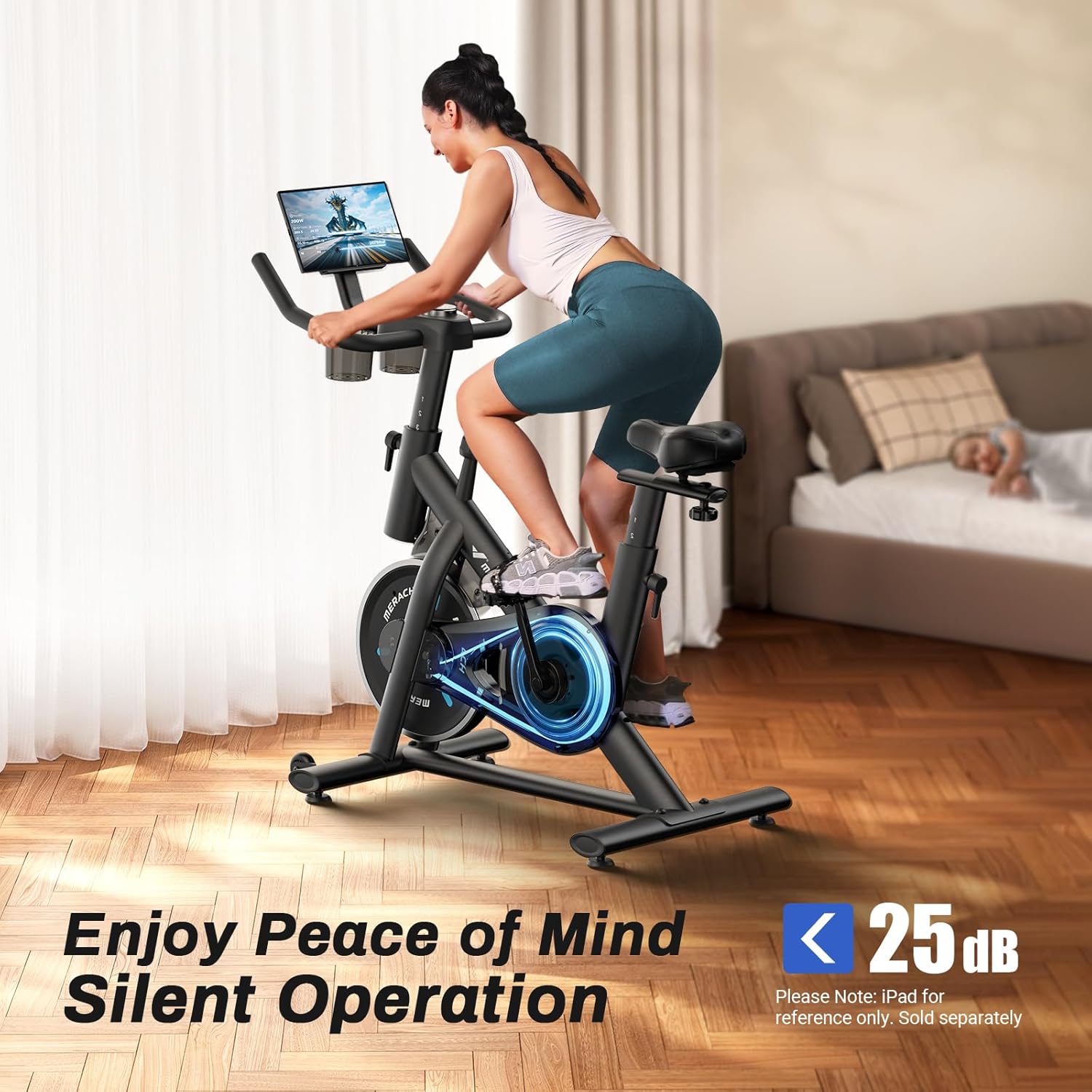 MERACH Exercise Bike, Brake Pad Stationary Bike with Exclusive App, Low Noise Indoor Cycling Bike with 300lbs Weight Capacity, Tablet Mount and Fitness Courses for Weight Loss Friction-Black
