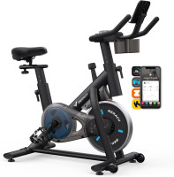 MERACH Exercise Bike, Brake Pad Stationary Bike with Exclusive App, Low Noise Indoor Cycling Bike with 300lbs Weight Capacity, Tablet Mount and Fitness Courses for Weight Loss Friction-Black