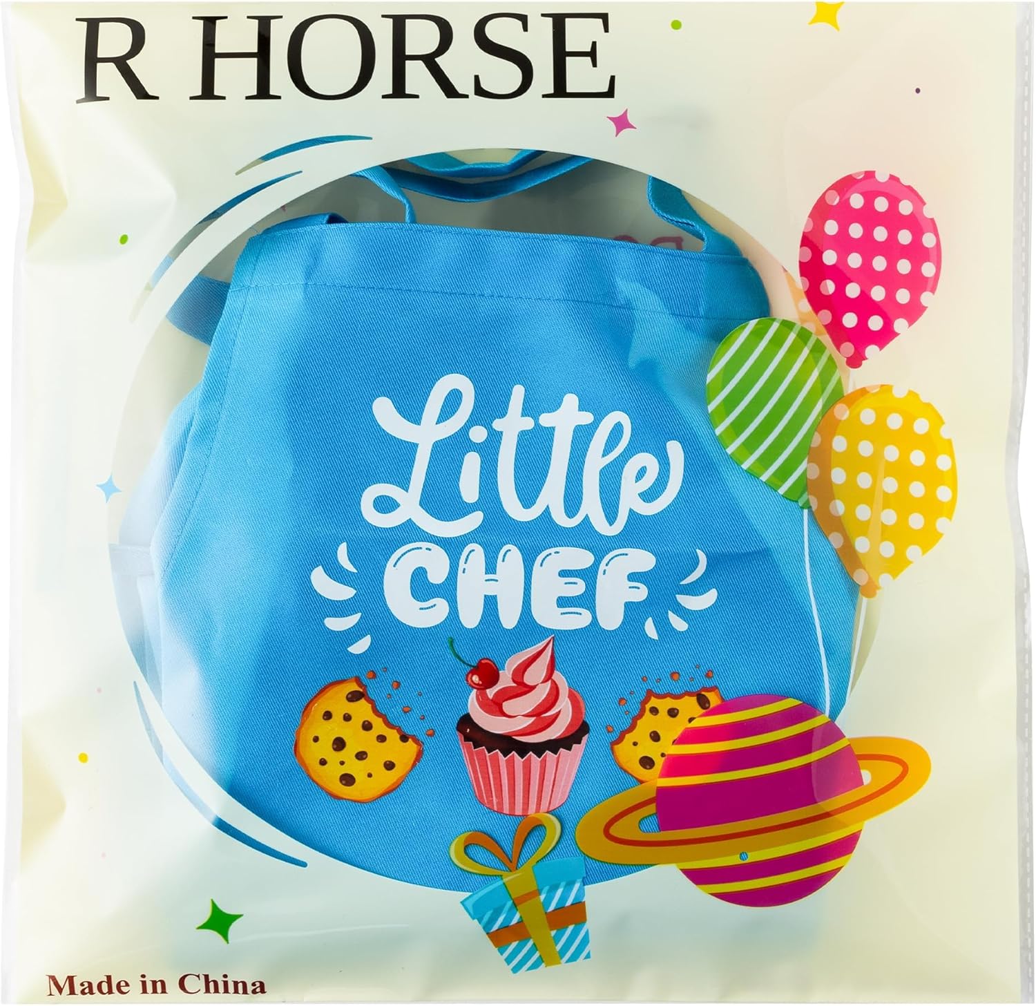 R HORSE 2 Pcs Kid Apron and Chef Hat Set, Adjustable Children Blue Kitchen Apron Cooking Baking Painting and Training Kits Dress up Role Play Chef Toy Kid Funny Cooking Gift New Year Little Chef