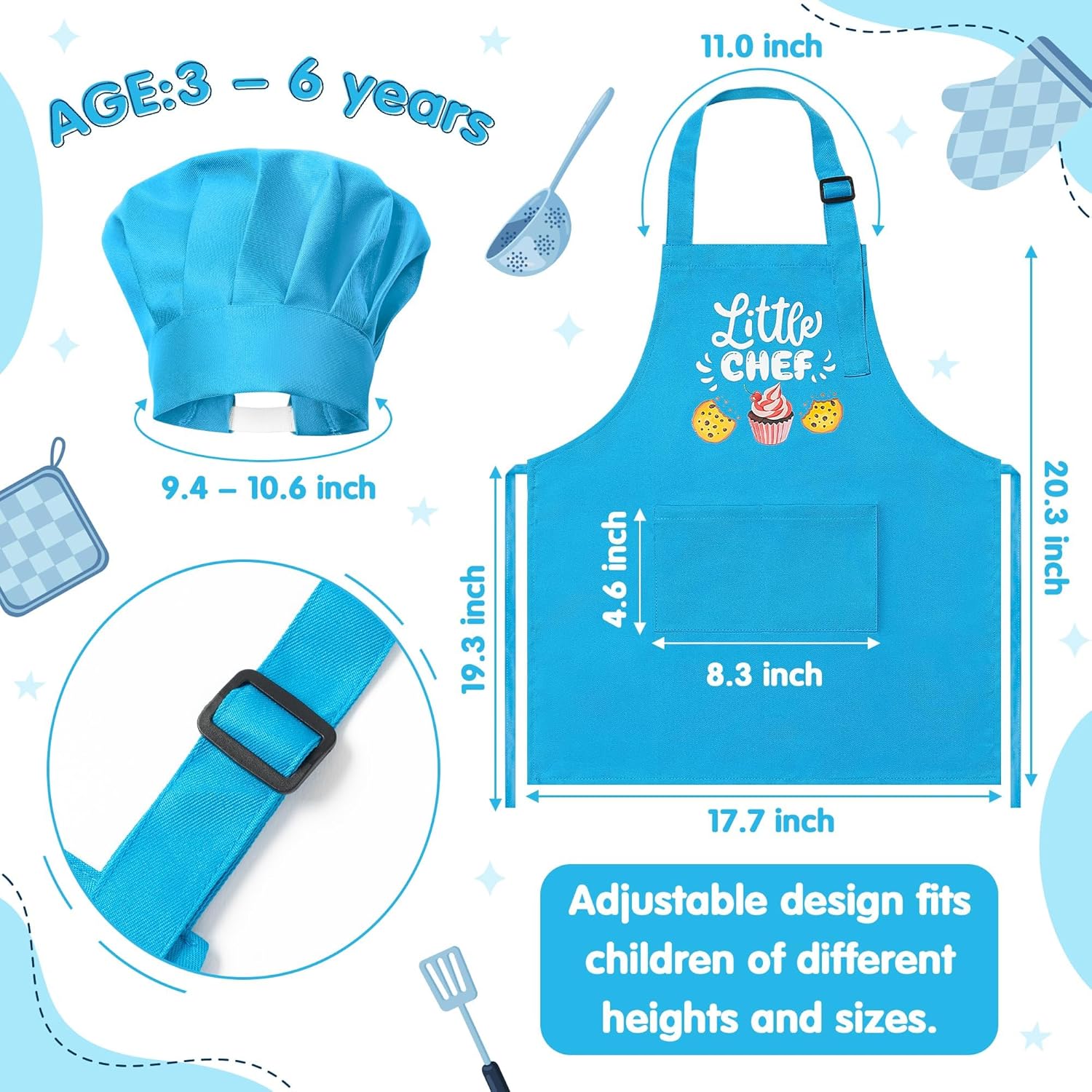 R HORSE 2 Pcs Kid Apron and Chef Hat Set, Adjustable Children Blue Kitchen Apron Cooking Baking Painting and Training Kits Dress up Role Play Chef Toy Kid Funny Cooking Gift New Year Little Chef