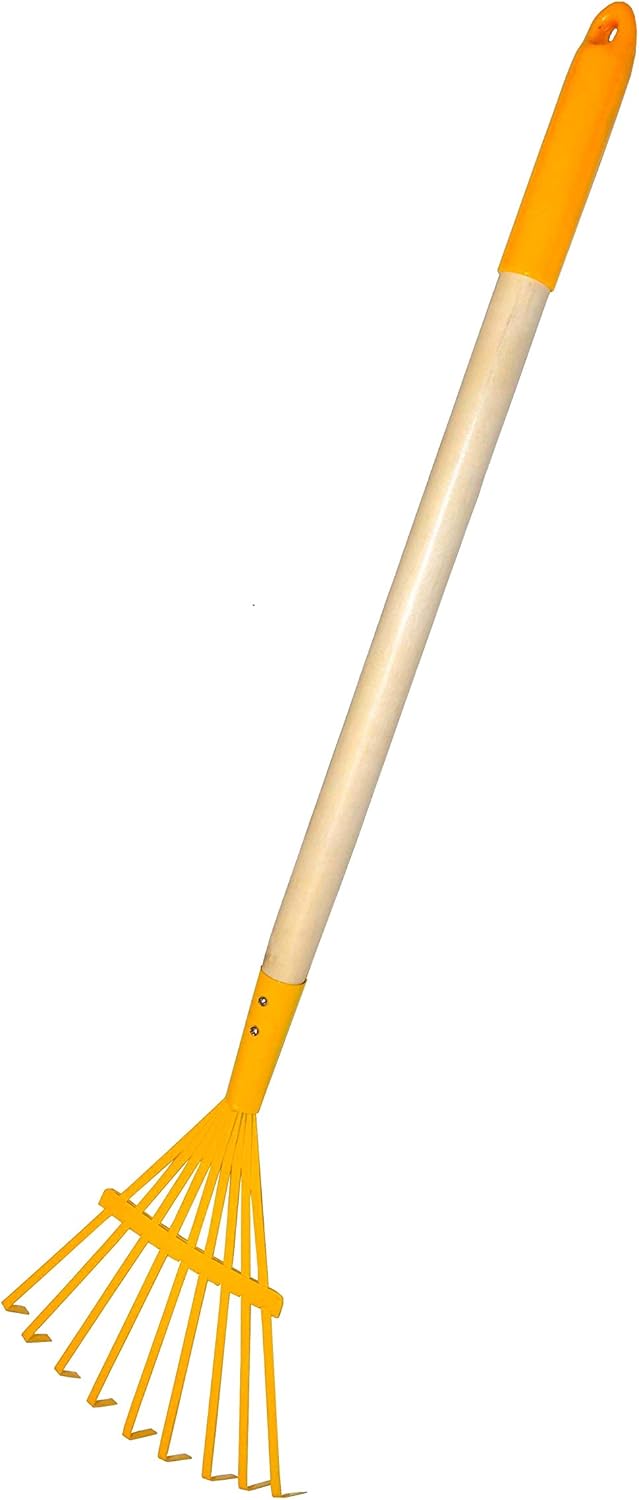 JustForKids Kids Garden Tool Set Toy, Rake, Spade, Hoe and Leaf Rake, reduced size , made of sturdy steel heads and real wood handle, 4-Piece, Multicolored, 5yr+ Multicolored whole piece