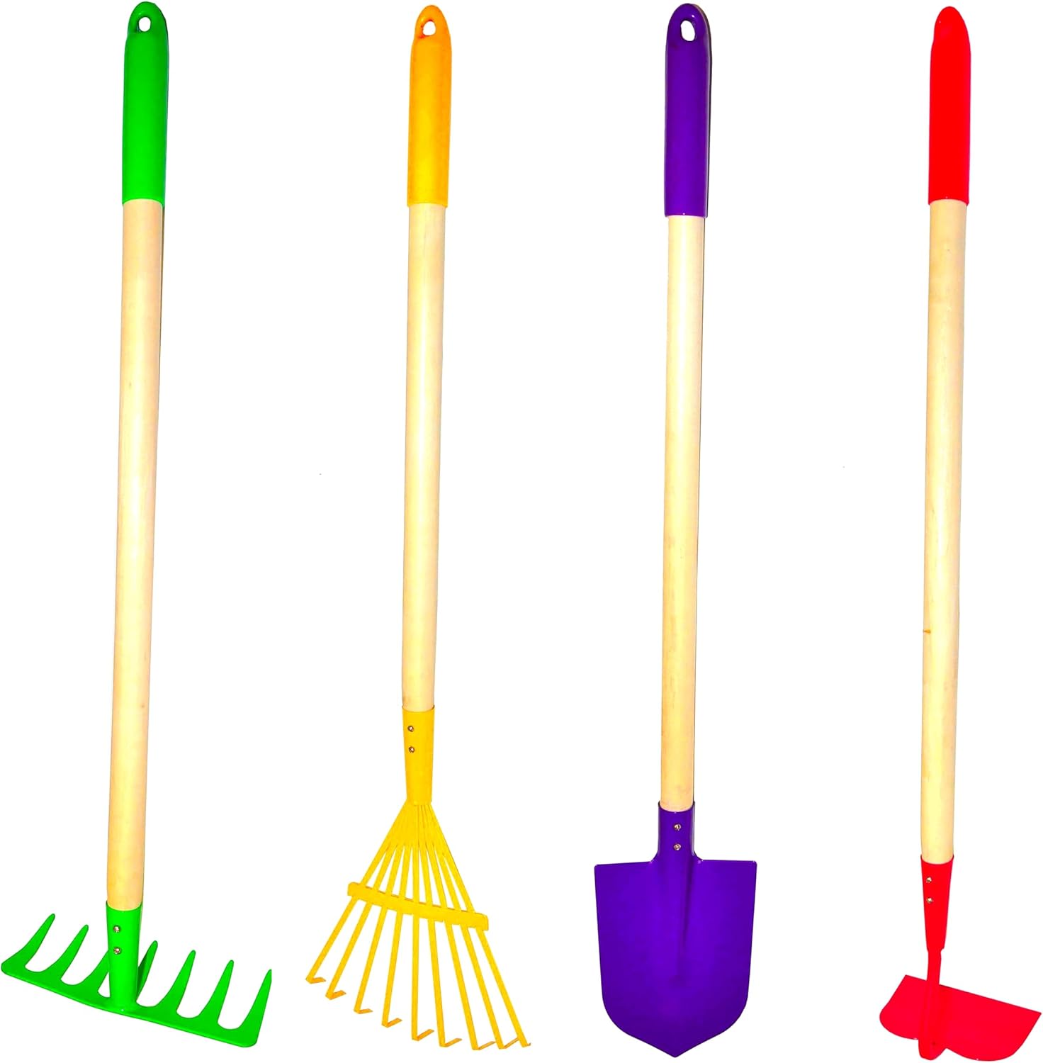 JustForKids Kids Garden Tool Set Toy, Rake, Spade, Hoe and Leaf Rake, reduced size , made of sturdy steel heads and real wood handle, 4-Piece, Multicolored, 5yr+ Multicolored whole piece