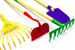JustForKids Kids Garden Tool Set Toy, Rake, Spade, Hoe and Leaf Rake, reduced size , made of sturdy steel heads and real wood handle, 4-Piece, Multicolored, 5yr+ Multicolored whole piece