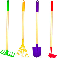 JustForKids Kids Garden Tool Set Toy, Rake, Spade, Hoe and Leaf Rake, reduced size , made of sturdy steel heads and real wood handle, 4-Piece, Multicolored, 5yr+ Multicolored whole piece