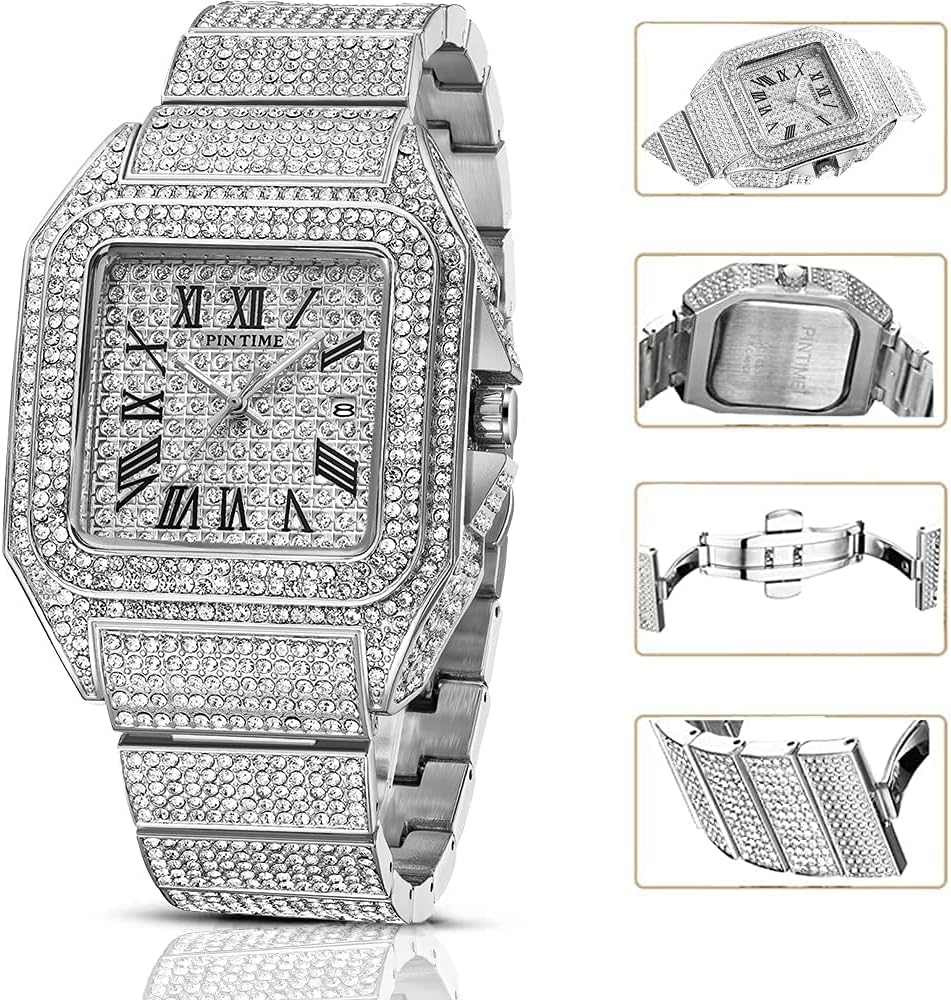 Gosasa Fashion Hip Hop Men's Crystal Watch Bling Bling Watch Rectangle Case Stainless Steel Quartz Analog Bracelet Wristwatch