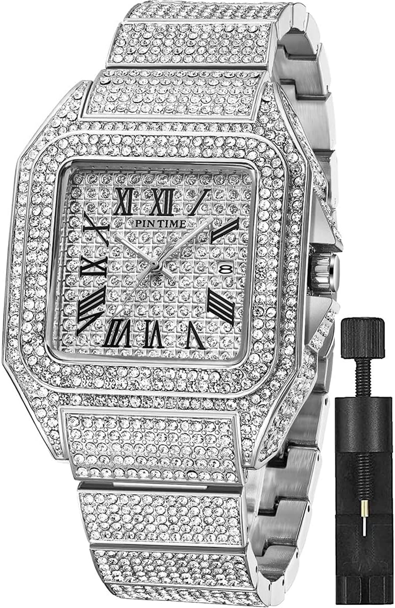 Gosasa Fashion Hip Hop Men's Crystal Watch Bling Bling Watch Rectangle Case Stainless Steel Quartz Analog Bracelet Wristwatch