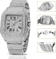 Gosasa Fashion Hip Hop Men's Crystal Watch Bling Bling Watch Rectangle Case Stainless Steel Quartz Analog Bracelet Wristwatch