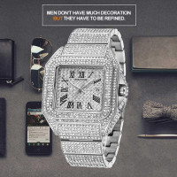 Gosasa Fashion Hip Hop Men's Crystal Watch Bling Bling Watch Rectangle Case Stainless Steel Quartz Analog Bracelet Wristwatch