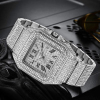 Gosasa Fashion Hip Hop Men's Crystal Watch Bling Bling Watch Rectangle Case Stainless Steel Quartz Analog Bracelet Wristwatch