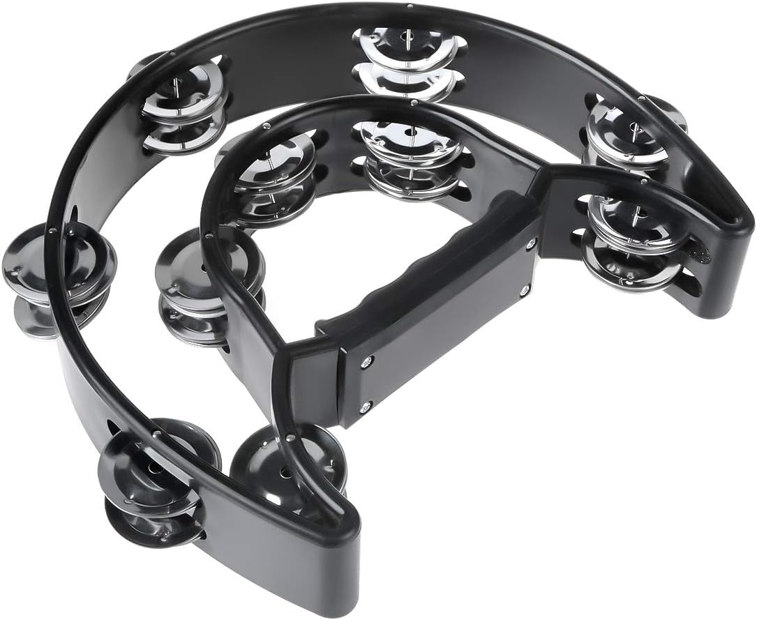 Half Moon Musical Tambourine Double Row Metal Jingles Hand Held Percussion Drum Multicolor for KTV Party with Ergonomic Handle Grip (Black)