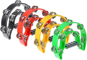 Half Moon Musical Tambourine Double Row Metal Jingles Hand Held Percussion Drum Multicolor for KTV Party with Ergonomic Handle Grip (Black)