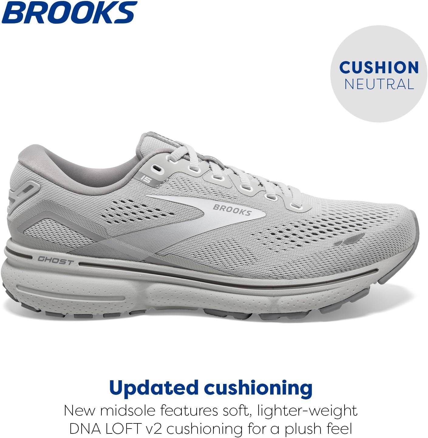 Brooks Women's Ghost 15 Neutral Running Shoe 9.5 Oyster/Alloy/White