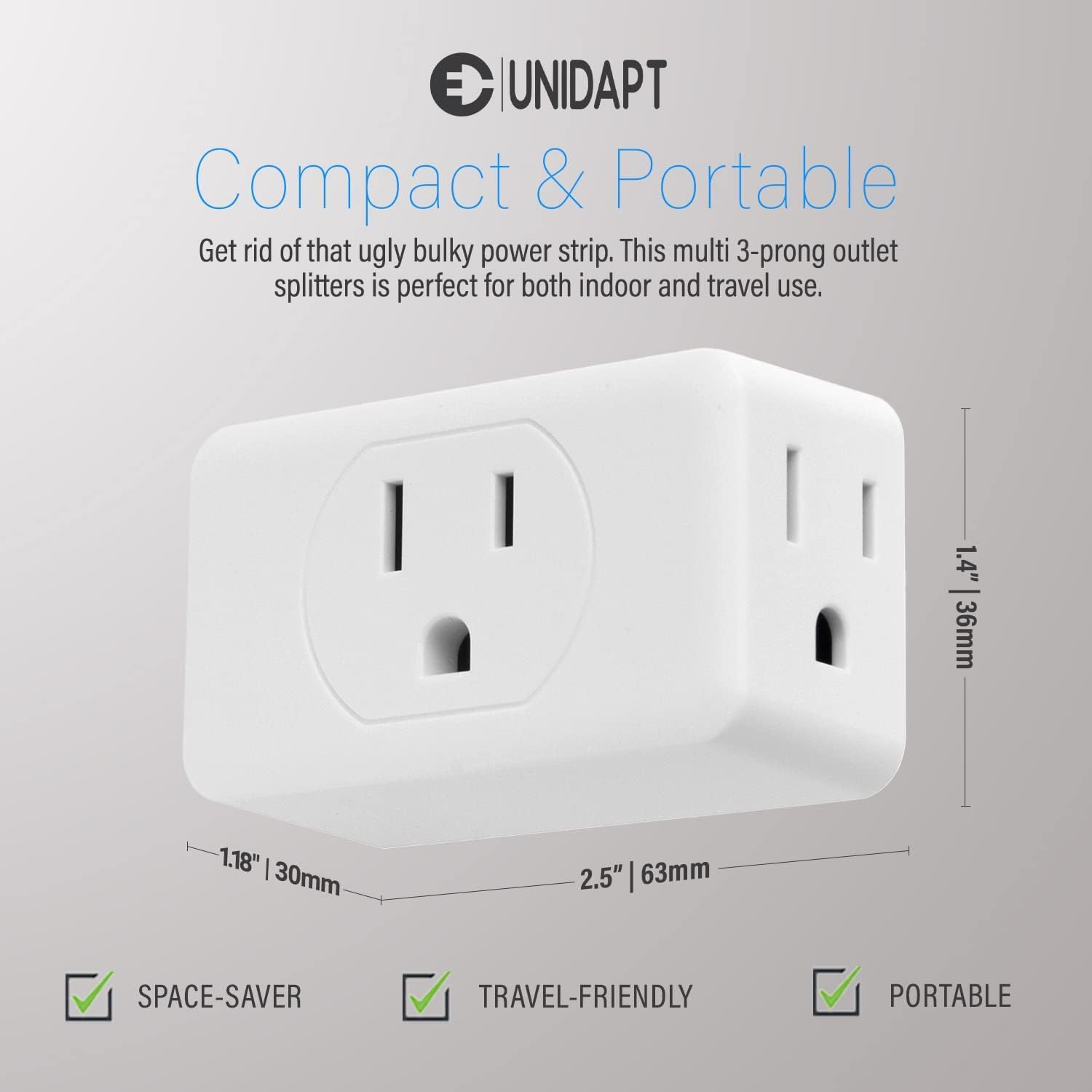 Unidapt 3 Outlet Multi Plug Wall Adapter, Multiple Outlet Splitter, Extender Grounded Wall Tap Power Plug Expander for Cruise Ship Home Office Dorm Essentials, 2-Pack