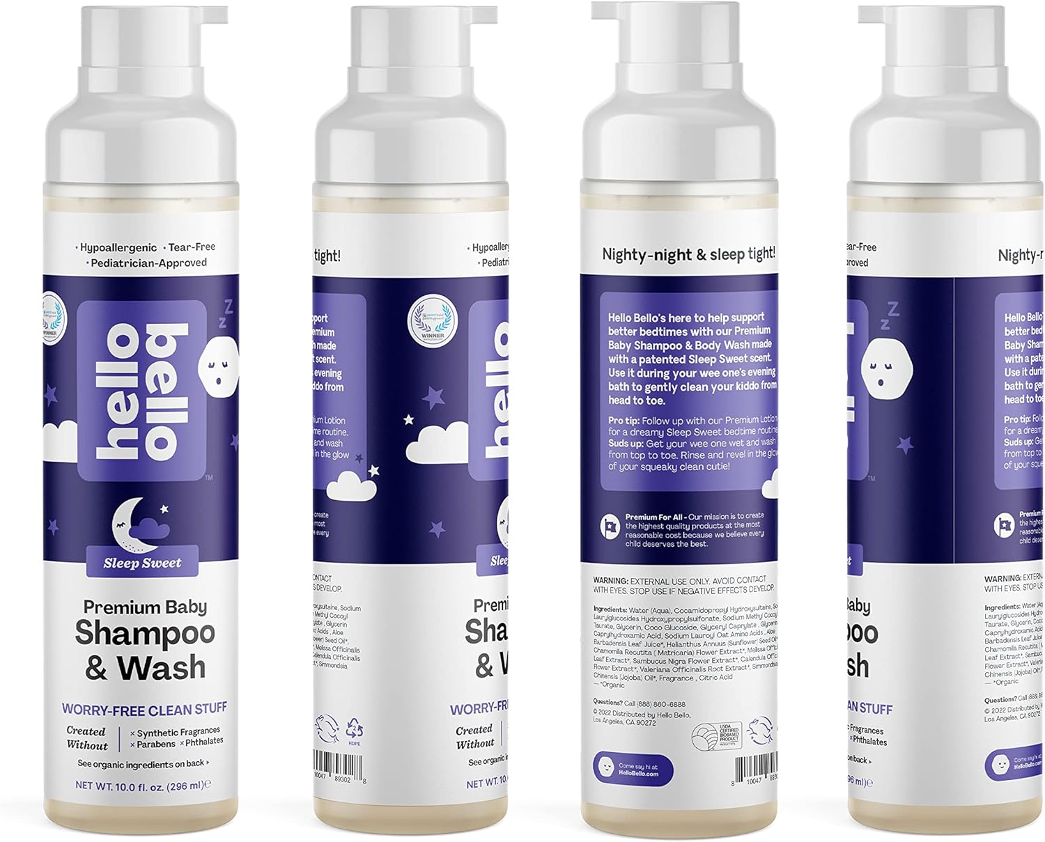 Hello Bello Nighttime Shampoo and Body Wash, Gentle Hypoallergenic Formula for Babies and Kids, Vegan and Cruelty-Free, Sweet Sleep Scented, 10 fl oz