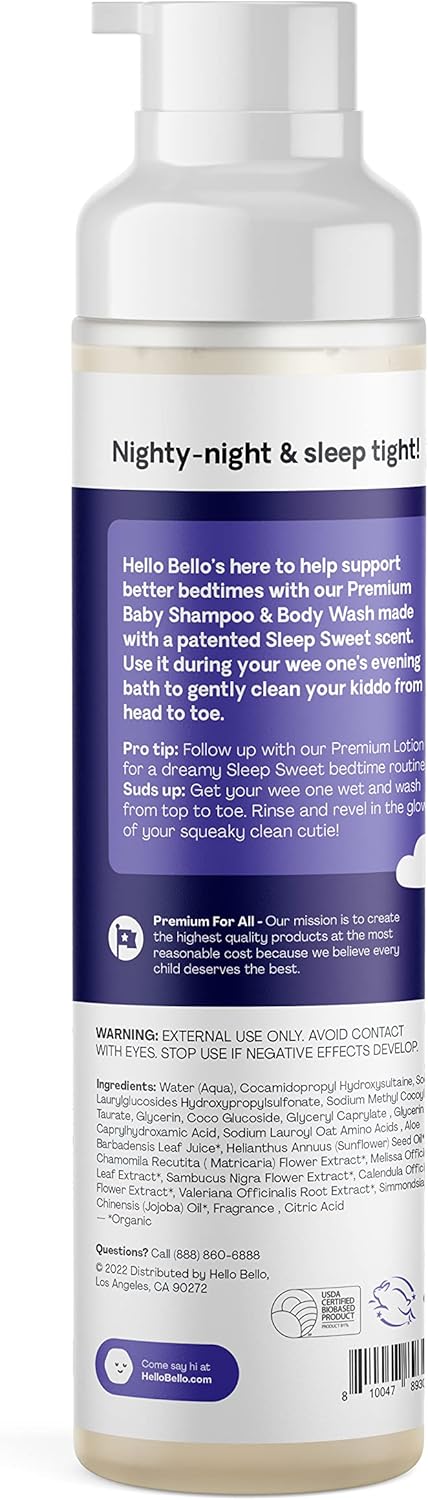 Hello Bello Nighttime Shampoo and Body Wash, Gentle Hypoallergenic Formula for Babies and Kids, Vegan and Cruelty-Free, Sweet Sleep Scented, 10 fl oz