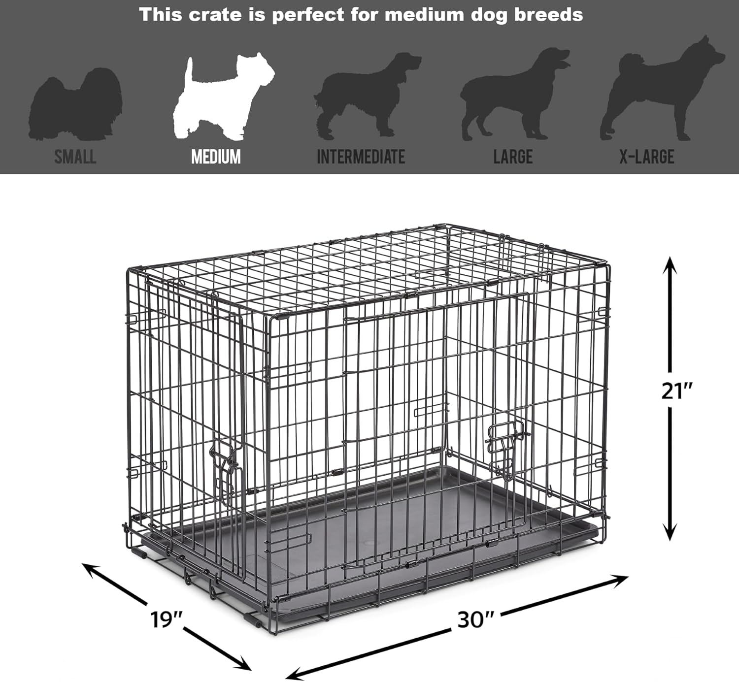 New World Double Door Folding Metal 30-Inch Dog Crate, Enhanced Security, Includes Leak-Proof Pan & Divider Panel, For Medium-Sized Breeds 30.0