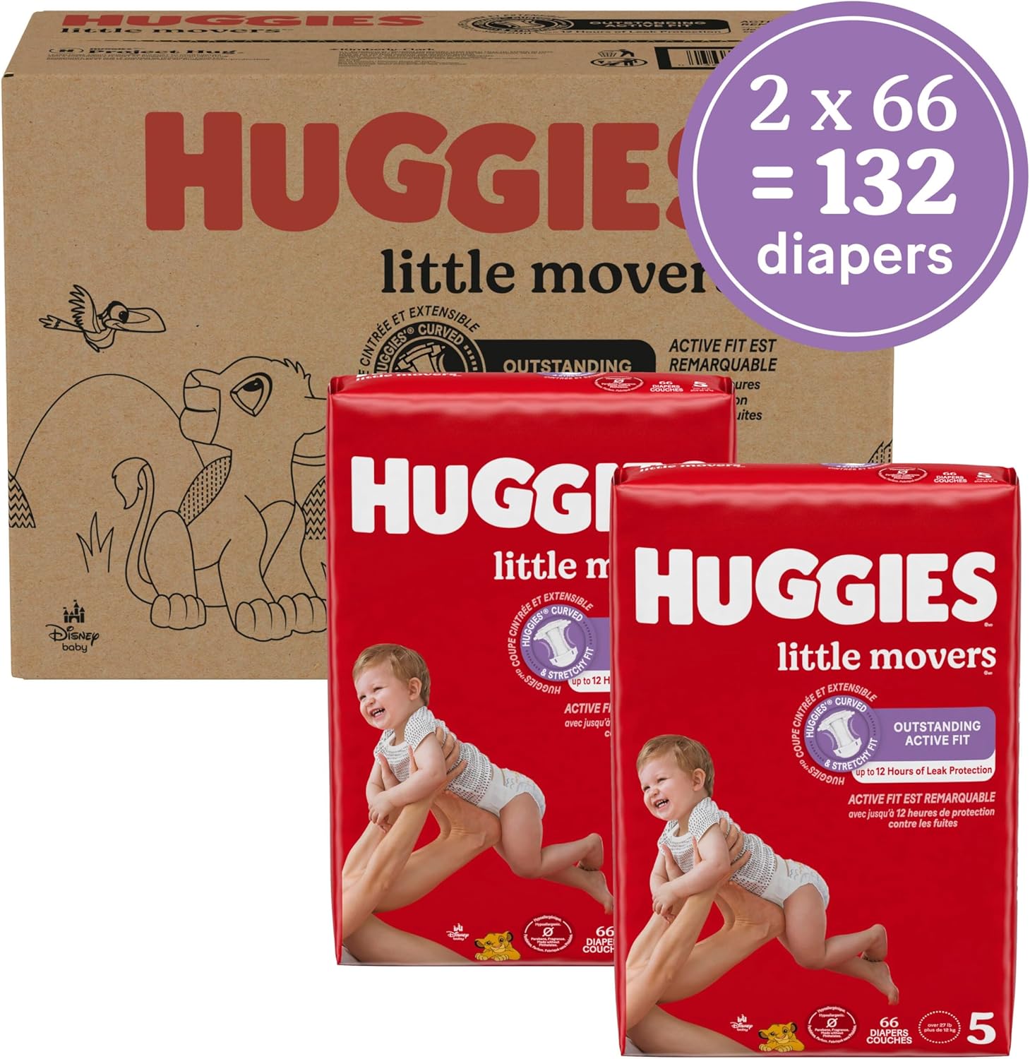 Huggies Size 5 Diapers, Little Movers Baby Diapers, Size 5 (27+ lbs), 132 Count (2 Packs of 66), Packaging May Vary Size 5 132