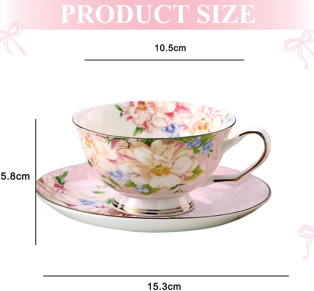 ONEUSTAR Tea Cup and Saucer Set for 1 Bone China Coffee Cup 7 oz Vintage Floral English Teacup for Women Tea Party Birthday Mother's Day Gift, Pink