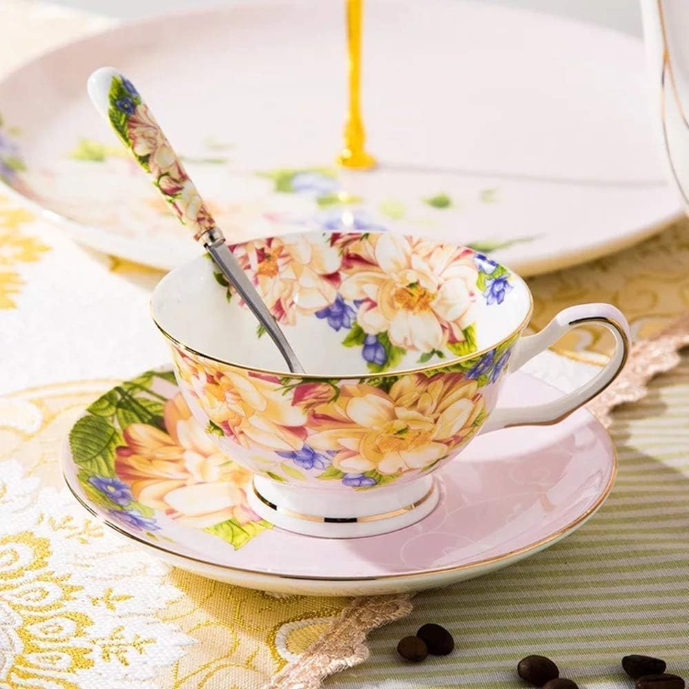 ONEUSTAR Tea Cup and Saucer Set for 1 Bone China Coffee Cup 7 oz Vintage Floral English Teacup for Women Tea Party Birthday Mother's Day Gift, Pink