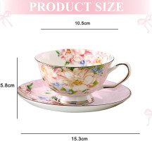 ONEUSTAR Tea Cup and Saucer Set for 1 Bone China Coffee Cup 7 oz Vintage Floral English Teacup for Women Tea Party Birthday Mother's Day Gift, Pink