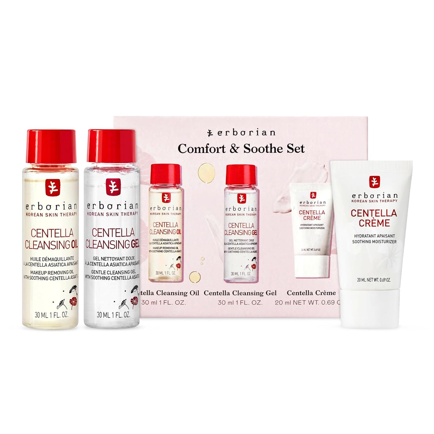 Erborian Centella Routine Travel Kit with Facial Cleansing Oil Makeup Remover (1 fl oz), Facial Cleansing Gel (1 fl oz) & Face Moisturizer Cream (20 ml) - Skin Care for Hydrated & Fresh-Looking Skin