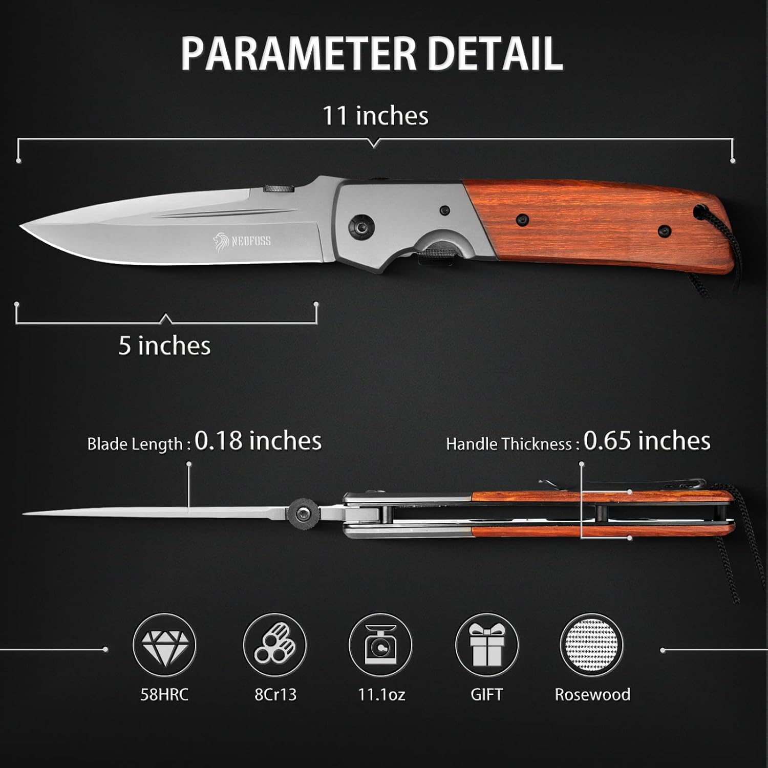 NedFoss DA52 Pocket Knife for Men, 5'' Large Folding Knife, 11'' Survival Knife with Rosewood Handle, Safety Pin, Pocket Clip, Liner Lock