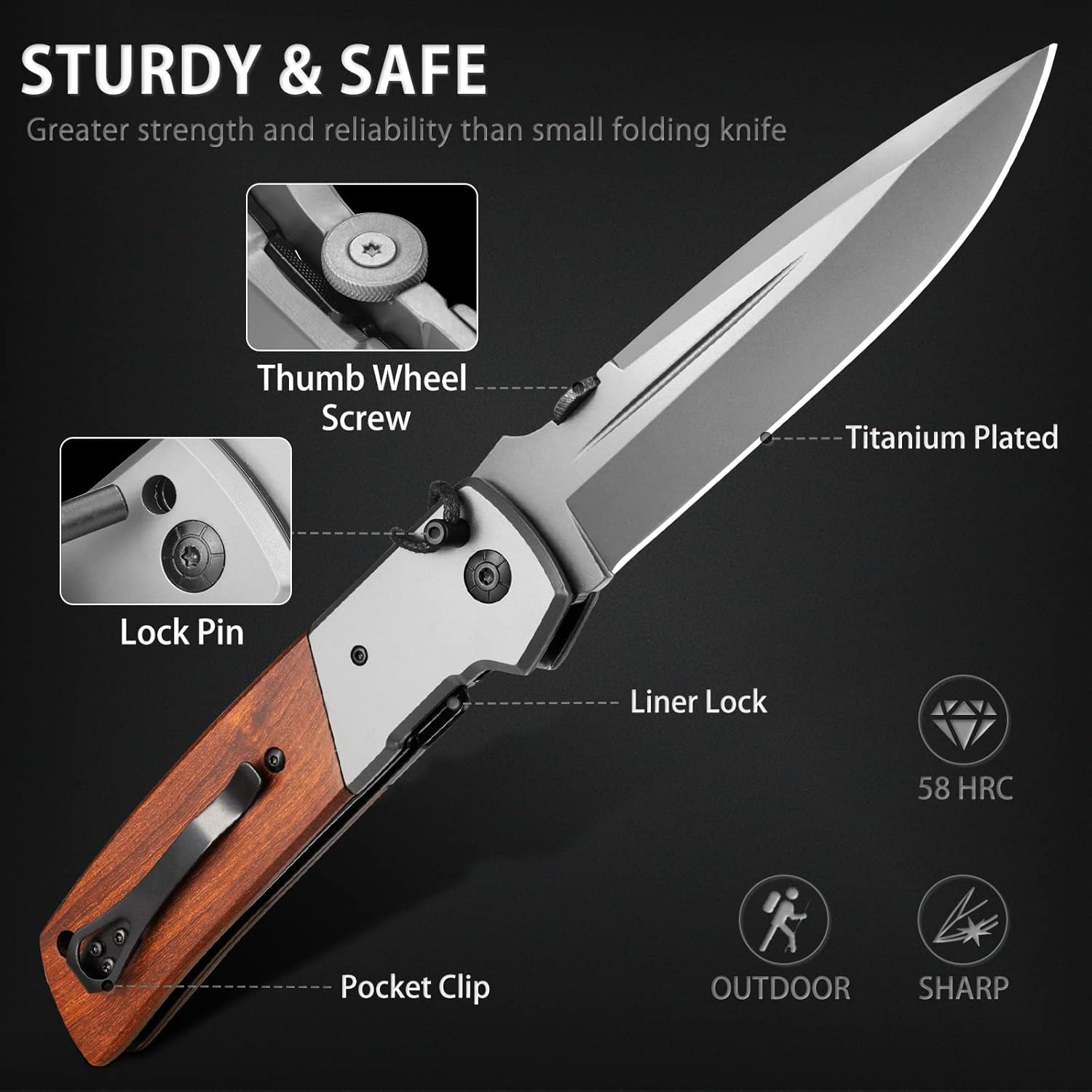 NedFoss DA52 Pocket Knife for Men, 5'' Large Folding Knife, 11'' Survival Knife with Rosewood Handle, Safety Pin, Pocket Clip, Liner Lock