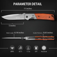 NedFoss DA52 Pocket Knife for Men, 5'' Large Folding Knife, 11'' Survival Knife with Rosewood Handle, Safety Pin, Pocket Clip, Liner Lock