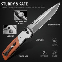 NedFoss DA52 Pocket Knife for Men, 5'' Large Folding Knife, 11'' Survival Knife with Rosewood Handle, Safety Pin, Pocket Clip, Liner Lock