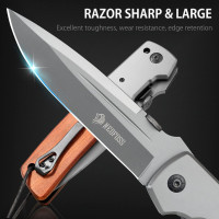 NedFoss DA52 Pocket Knife for Men, 5'' Large Folding Knife, 11'' Survival Knife with Rosewood Handle, Safety Pin, Pocket Clip, Liner Lock