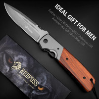 NedFoss DA52 Pocket Knife for Men, 5'' Large Folding Knife, 11'' Survival Knife with Rosewood Handle, Safety Pin, Pocket Clip, Liner Lock