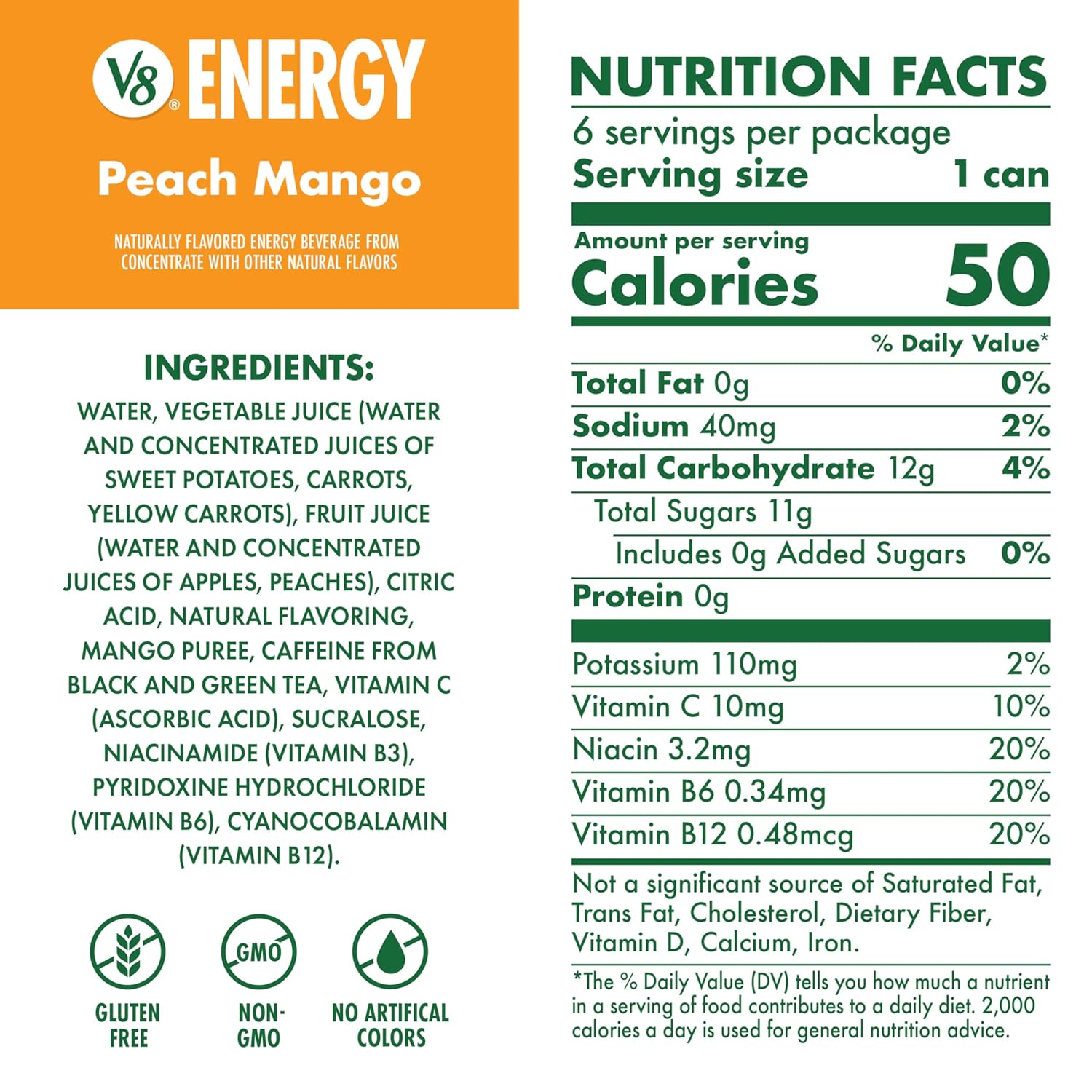 V8 Energy Peach Mango Energy Drink, 8 fl oz Can (24 Pack) Peach Mango 8 Fl Oz (Pack of 24)