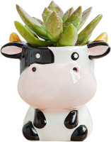 DIYOMR Cute Animal Ceramics Planter Small Succulent Pot Cartoon Shaped Plant Pot for Mini Plants Flower Cactus, Smooth Shiny Ceramic - Plants Not Included (Cow)