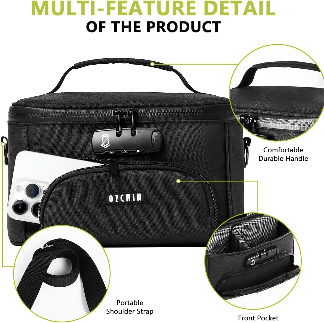 OZCHIN Smell Proof Bag with Combination Lock, Smell Proof Box Activated Carbon Fiber Smoking Accessories, Smell Proof Container, Great Gifts for Father’s Day, Premium Odor Proof Bag Black