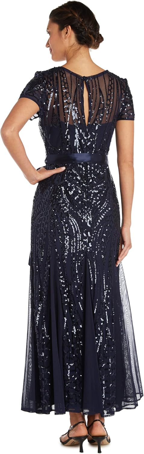 R&M Richards Womens Plus Formal Sequined Evening Dress 12 Navy
