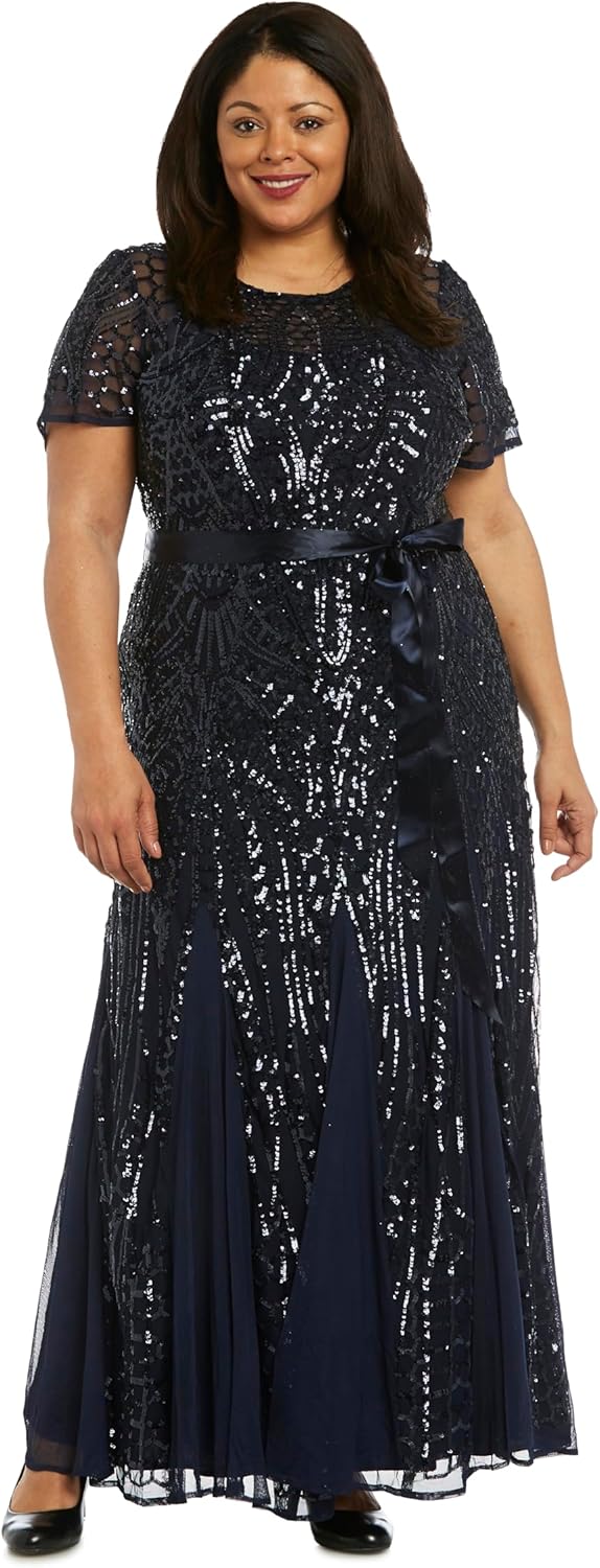 R&M Richards Long Elegant Evening Dress W/Sequins Panel Godet 12 Navy
