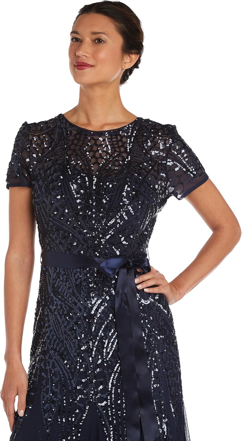 R&M Richards Womens Plus Formal Sequined Evening Dress 4 Petite Navy