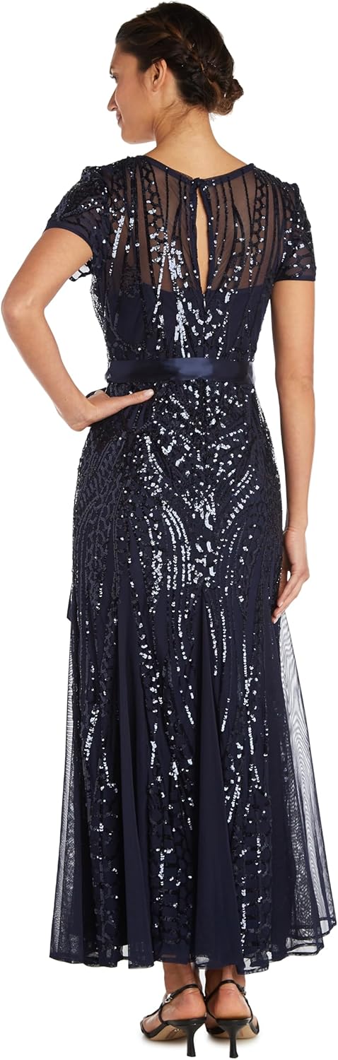 R&M Richards Womens Plus Formal Sequined Evening Dress 4 Petite Navy