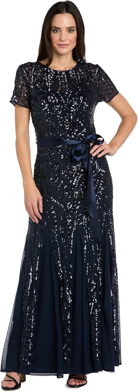 R&M Richards Women's Sequin Embellished Gown W/Panel Godet Skirt, Ribbon Sash & Short Sleeve - Evening, Cocktail Party Dress 12 Navy