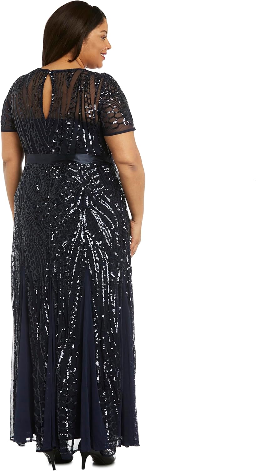 R&M Richards Women's Elegant Short Sleeve Sequin Panel Godet Dress W/Waist Sash| Embellished Gown Evening Cocktail Party 12 Navy