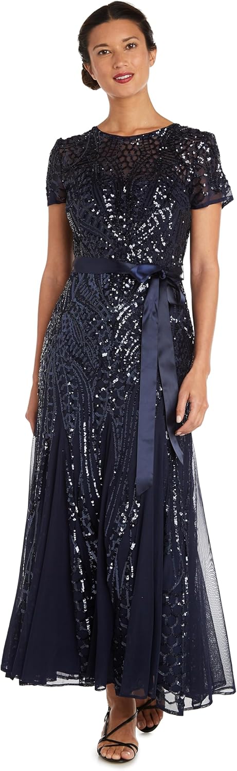 R&M Richards Womens Plus Formal Sequined Evening Dress 4 Petite Navy