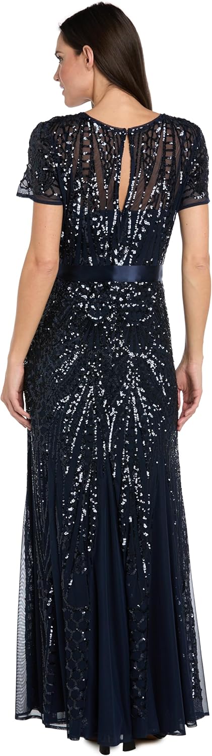 R&M Richards Women's Sequin Embellished Gown W/Panel Godet Skirt, Ribbon Sash & Short Sleeve - Evening, Cocktail Party Dress 12 Navy