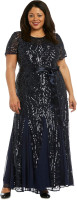 R&M Richards Women's Elegant Short Sleeve Sequin Panel Godet Dress W/Waist Sash| Embellished Gown Evening Cocktail Party 12 Navy