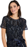 R&M Richards Women's Sequin Embellished Gown W/Panel Godet Skirt, Ribbon Sash & Short Sleeve - Evening, Cocktail Party Dress 12 Navy